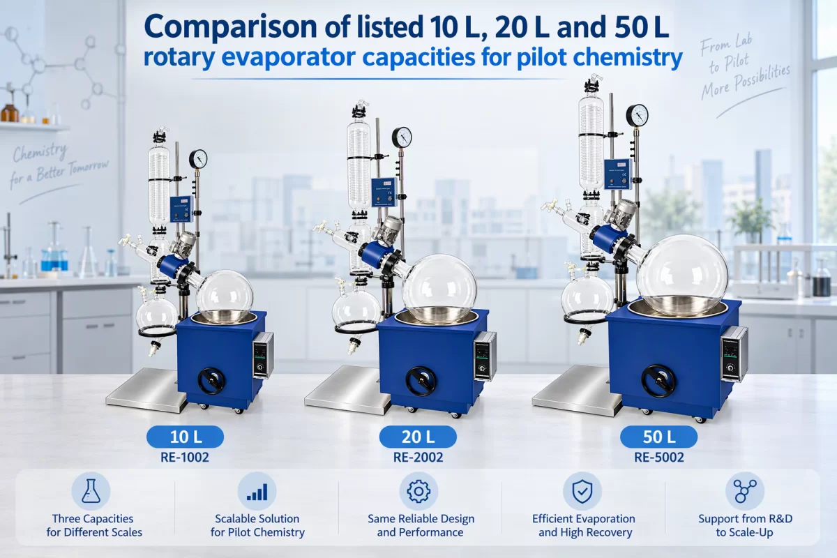 Compare the available rotary evaporator capacity labels Comparison of listed 10 L, 20 L and 50 L rotary evaporator capacities for pilot chemistry