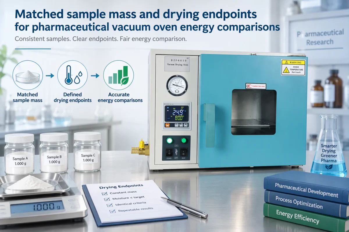 Control sample loading and acceptance criteria across comparison runs Matched sample mass and drying endpoints for pharmaceutical vacuum oven energy comparisons