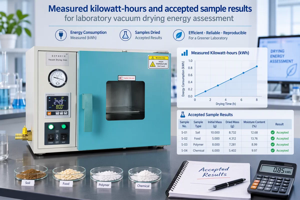 Report energy consumption together with validated drying outcomes Measured kilowatt-hours and accepted sample results for laboratory vacuum drying energy assessment